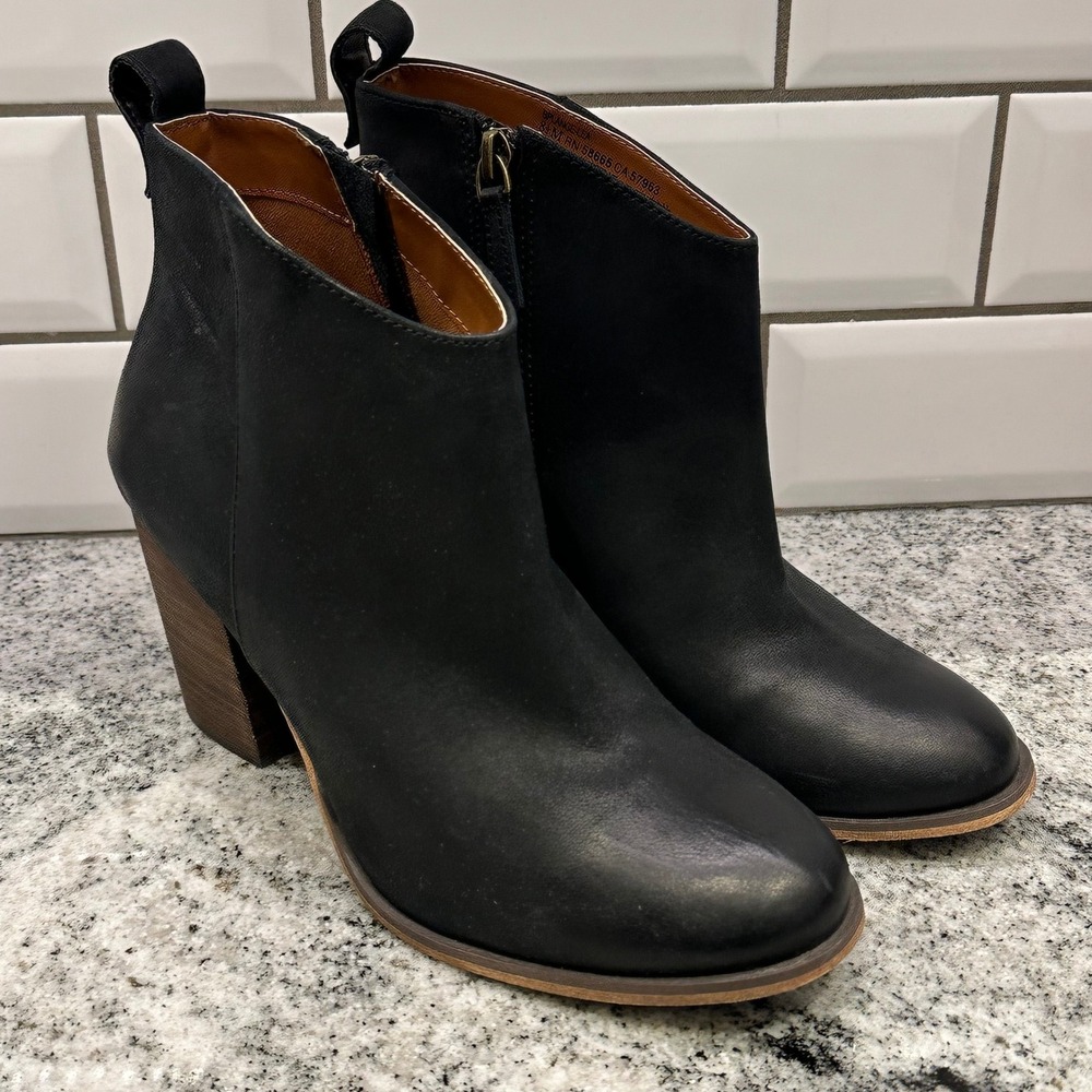 BP. Women 8.5 Lance Leather Ankle Booties Black Stacked Block Heel Side Zip - Picture 1 of 7